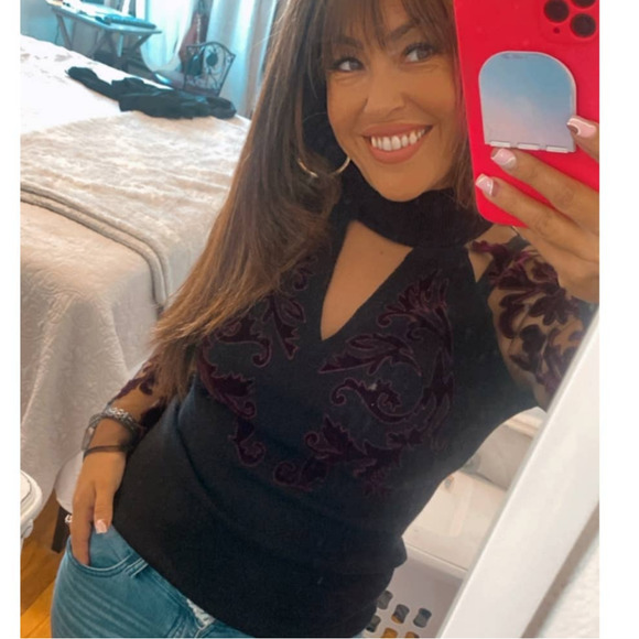 INC International Concepts Tops - INC Flocked Velvet Illusion Black & Wine Choker Mesh Sweater Top Medium